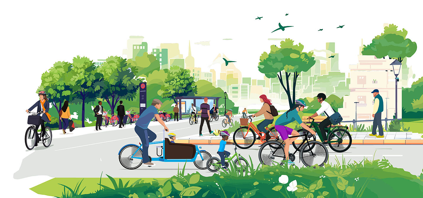 Studie zum Potenzial des Radverkehrs Grafik mit Menschen, die sich auf dem Fahrrad in einer Stadt bewegen