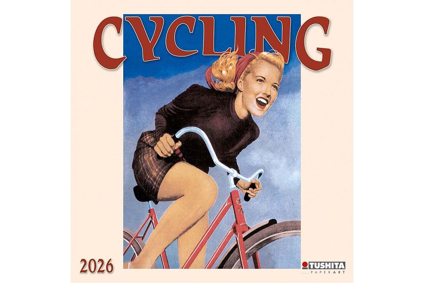 Kalender Gezeichnete Frau fährt lachend auf einem roten Fahrrad, darüber steht der Titel „Cycling 2026“