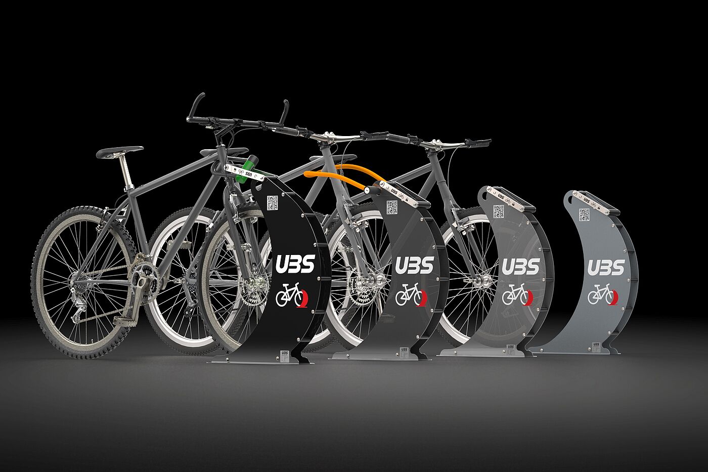 UBS Moon250ML Die Fahrradabstellanlage UBS Moon250ML mit geparkten Fahrrädern.