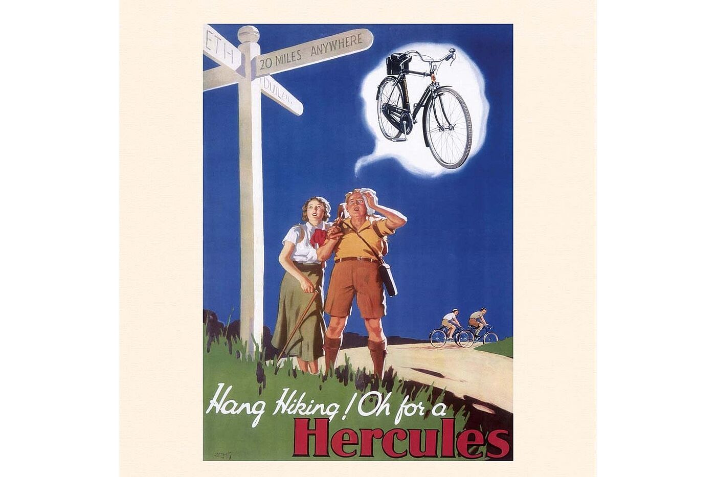 Kalender 3 ALT-Text: Illustration eines wandernden Paares, das zu einem Wegweiser schaut; über ihnen erscheint ein Fahrrad als Gedanke, im Hintergrund fahren zwei Menschen mit Fahrrädern